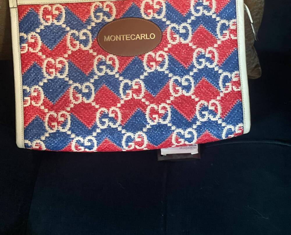 NEW GUCCI women's beautiful geometric monogram pattern clutch bag in red/blue/wh